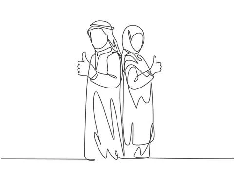 One single line drawing of young happy muslim male and female couple Stock-Illustration