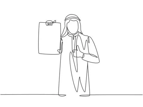 One single line drawing young happy muslim manager proudly showing his work Illustrazione stock