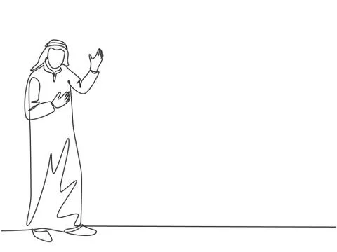 One single line drawing of young happy muslim businessman giving presentation Illustrazione stock