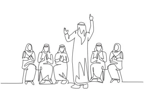 One single line drawing of young happy muslim business coach teaching イラスト素材