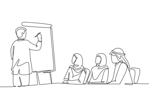 One single line drawing of young happy muslim learning business strategy Illustrazione stock