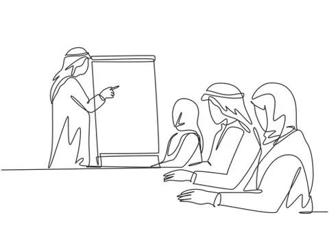 One single line drawing of young happy muslim startup founder explaining rule Stock Illustration