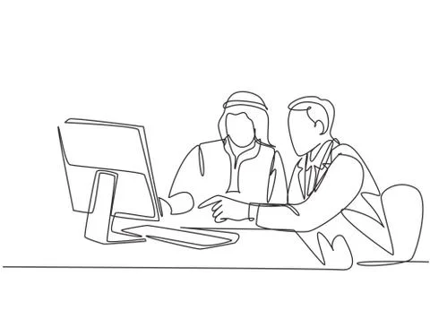 One single line drawing of young happy muslim businessman discussing budget 스톡 일러스트