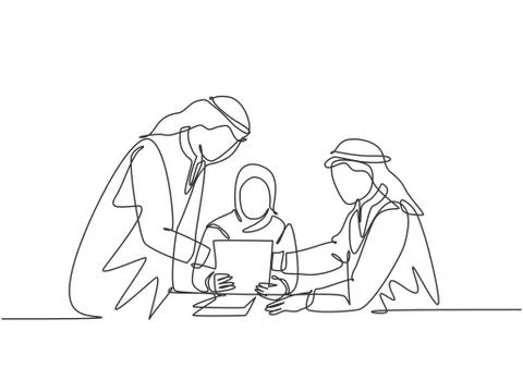 One single line drawing of young happy muslim managers discussing Stock Illustration