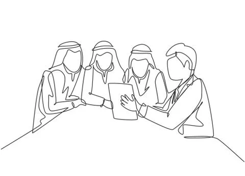 One single line drawing of young happy muslim businessman and colleagues Illustrazione stock