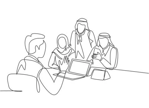 One single line drawing young happy muslim businessmen get business coaching Stock-Illustration
