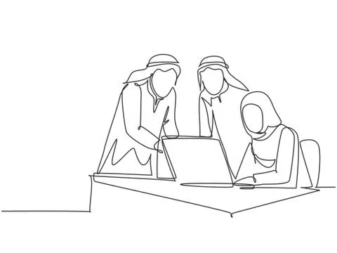 One single line drawing of young happy muslim workers discussing sales market Illustrazione stock