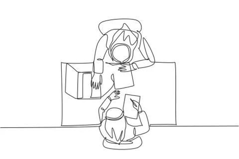 One single line drawing of young happy muslim businessman discussing contract Stock Illustration