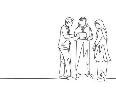 One single line drawing of young muslim businessman discussing business deal Illustrazione stock