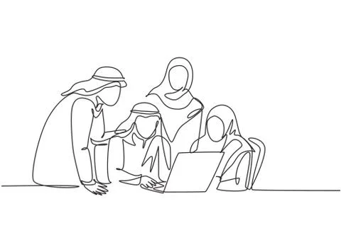 One single line drawing of young muslim business community discussing Stock-Illustration