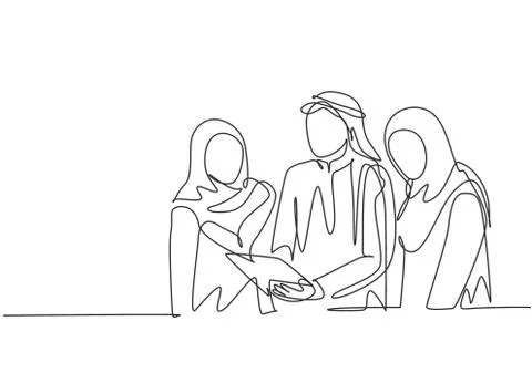 One single line drawing young muslim marketing manager giving job direction Stock Illustration