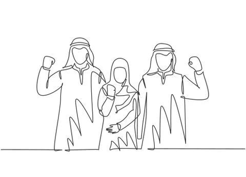 One single line drawing of young happy male and female muslim employees Stock Illustration