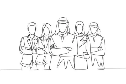 One single line drawing of young happy male and female muslim workers line up Stock Illustration