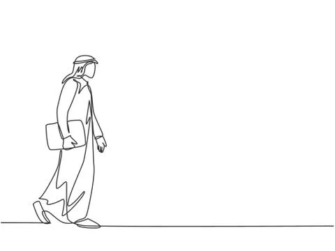 One single line drawing of young happy male muslim workers walking in a hurry Stock Illustration