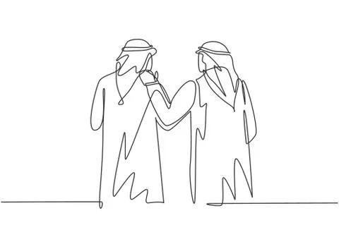 One single line drawing of young happy male muslim workers walking together Illustrazione stock
