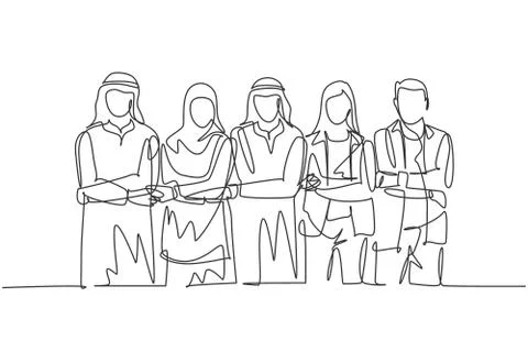 One single line drawing of young happy male ande female muslim managers Stock Illustration
