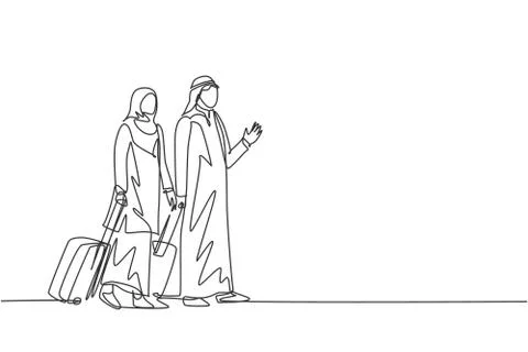 One single line drawing of young happy male and female muslim employees Stock Illustration