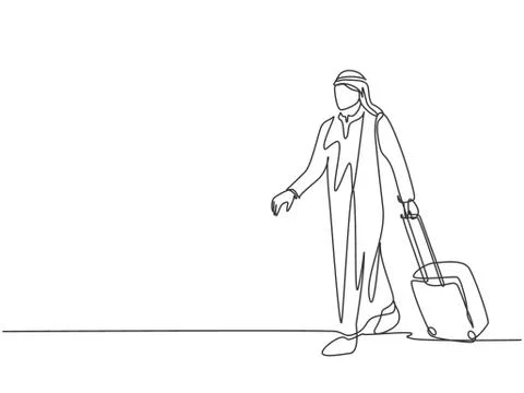 One single line drawing of young happy male muslim businessman carrying bag Stock Illustration