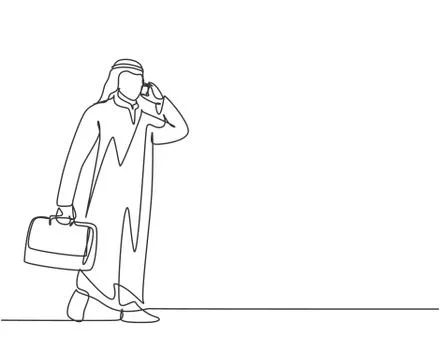 One single line drawing of young happy male muslim worker calling his friend Stock Illustration