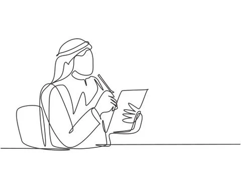 One single line drawing of young serious muslim businessman thinking 스톡 일러스트
