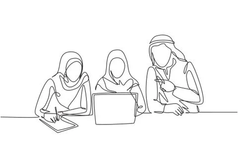 One single line drawing of young male and female muslim employees take Stock Illustration