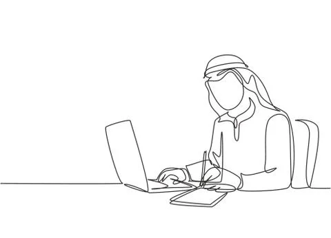 One single line drawing of young happy male muslim businessman writing Illustrazione stock