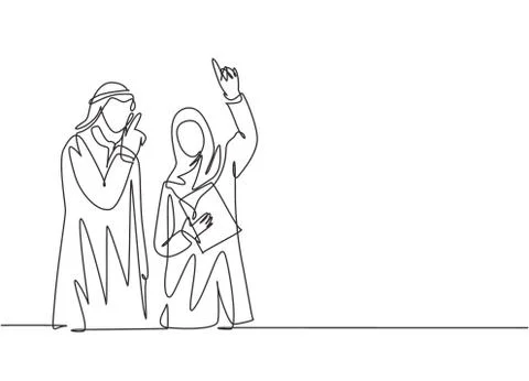 One single line drawing of young happy male and female muslim manager discuss Illustrazione stock