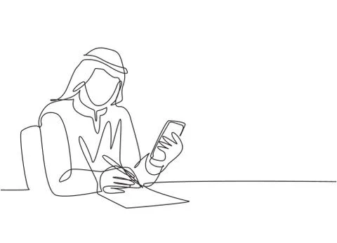 One single line drawing of young happy male muslim writing business report Illustrazione stock