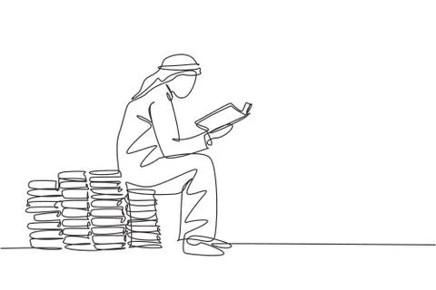 One single line drawing of young happy male muslim businessman reading a book Stock Illustration