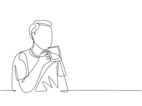 One single line drawing young happy casual man enjoying a mug of coffee Illustrazione stock