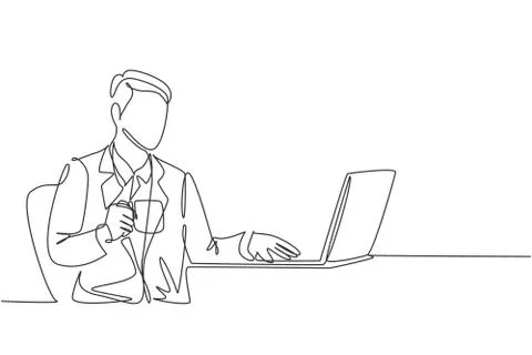 One single line drawing of young happy manager typing on a laptop keyboard Stock Illustration