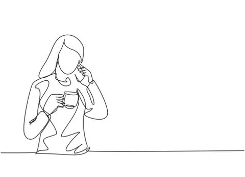 One single line drawing of young female office employee calling her partner Illustrazione stock