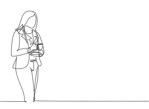 One single line drawing of young businesswoman standing and thinking Stock Illustration