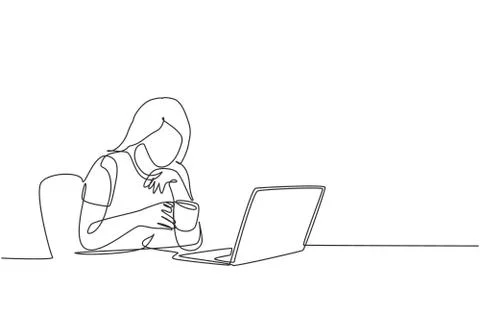 One single line drawing of young female employee staring at laptop Illustrazione stock