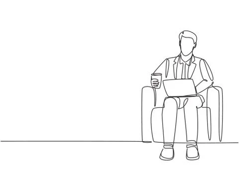 One single line drawing of young businessman typing business ideas draft Stock-Illustration