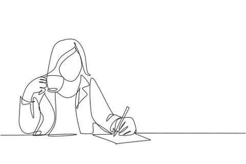 One single line drawing of young businesswoman writing a business idea draft Illustrazione stock