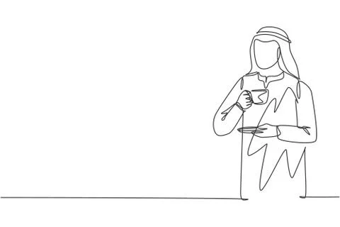 One single line drawing of young male muslim businessman enjoying drink coffee Stock-Illustration