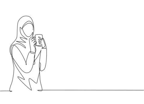 One single line drawing of young female muslimah businesswoman thinking Stock Illustration