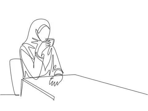 One single line drawing of young beauty female muslimah worker enjoying drink Stock Illustration