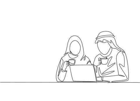 One single line drawing of young muslim and muslimah workers discussing Illustrazione stock