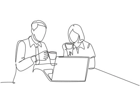 One single line drawing of young male and female marketing team members Stock Illustration