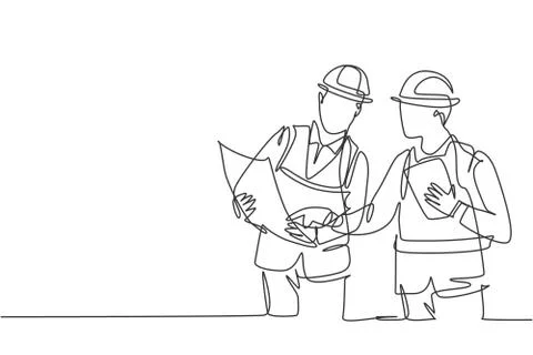 One single line drawing of young architect and engineer discussing building Illustrazione stock