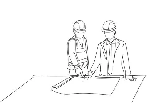 One single line drawing of young architect explaining sketch construction 스톡 일러스트
