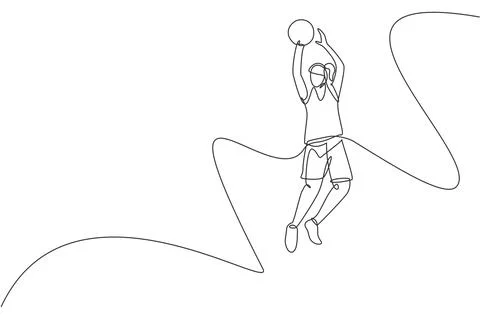 One single line drawing of young energetic basketball player jumping Stock Illustration