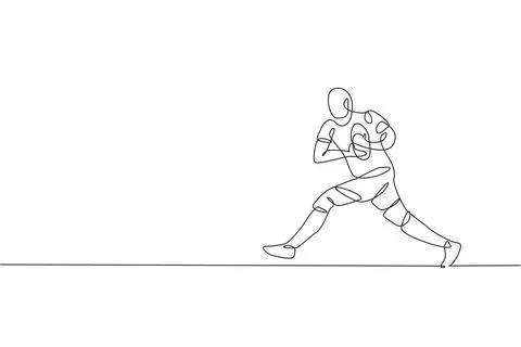 One single line drawing of young rugby player running hold the ball Illustrazione stock