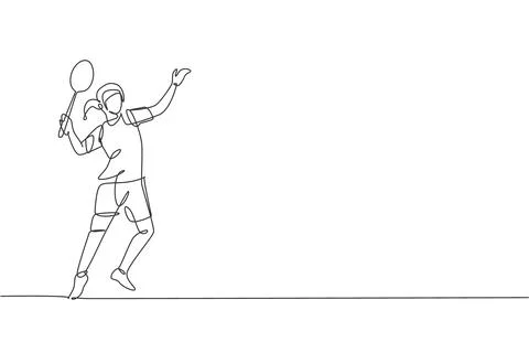 One single line drawing young energetic badminton player ready to hit ball イラスト素材