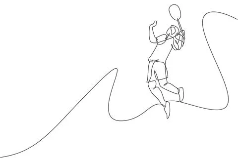 One single line drawing of young energetic badminton player jumping and smash Illustrazione stock