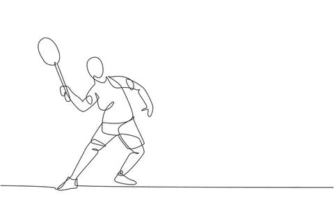 One single line drawing of young energetic badminton player hit the ball Stock-Illustration