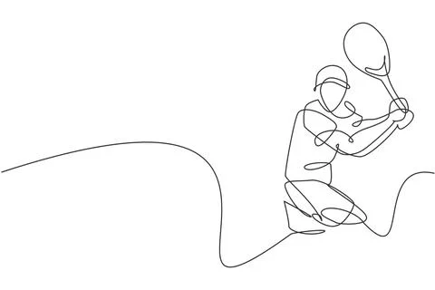 One single line drawing young energetic male tennis player hit the ball Stock Illustration