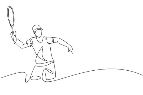 One single line drawing of young energetic male tennis player hit the ball Stock Illustration